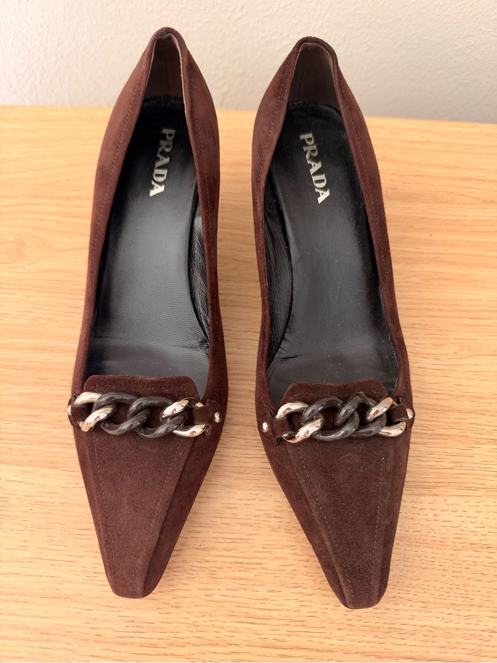 PRADA Brown Suede Kitten Heels with Chain Detail Size EU 37 / US 7